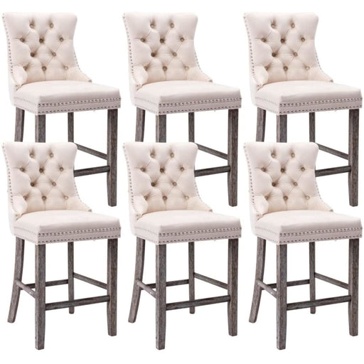 6x Velvet Bar Stools with Studs Trim Wooden Legs Tufted