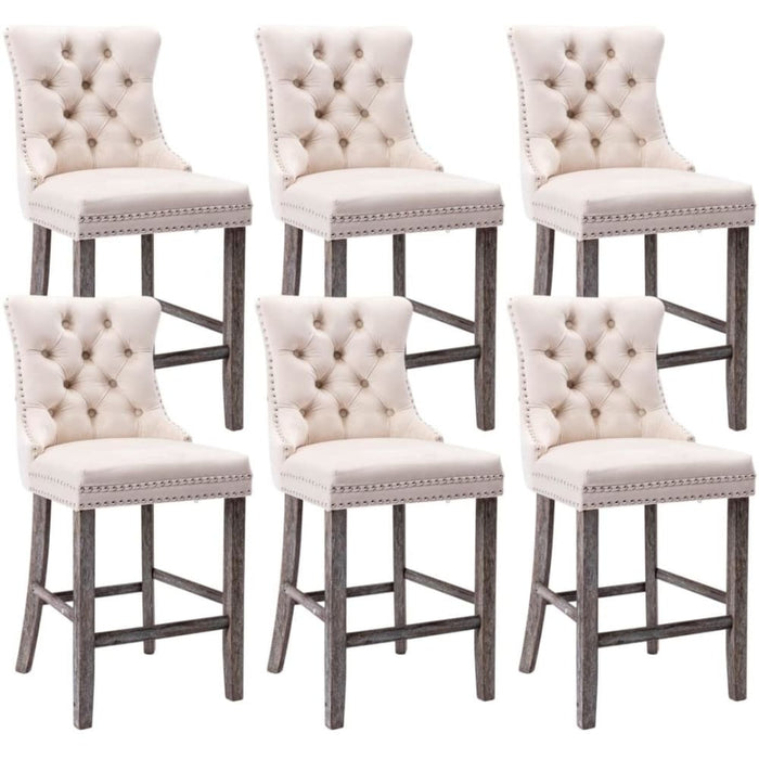 6x Velvet Bar Stools with Studs Trim Wooden Legs Tufted