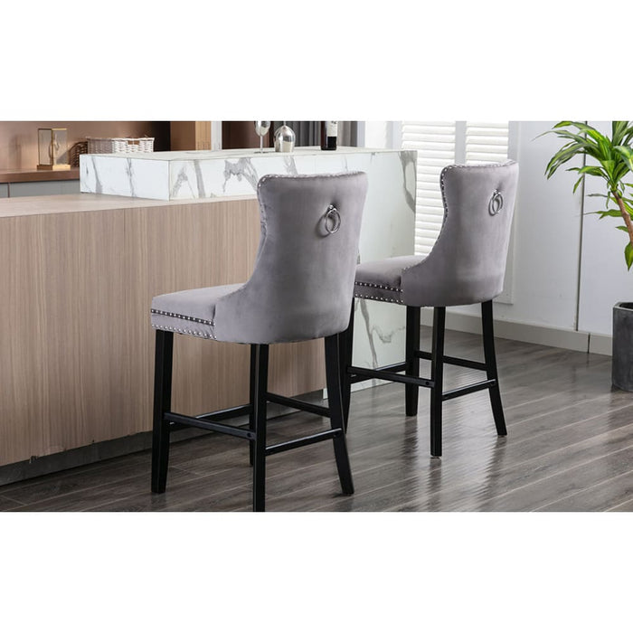 2x Velvet Bar Stools with Studs Trim Wooden Legs Tufted