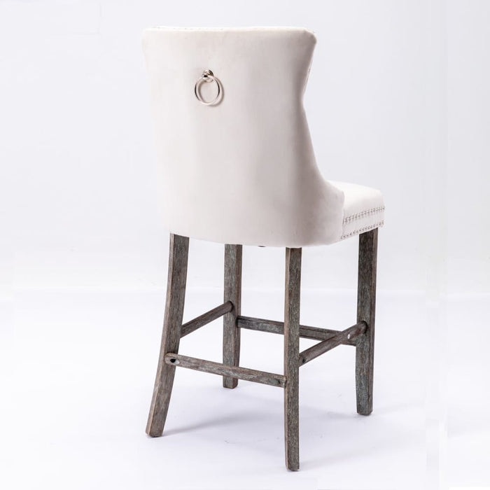 4x Velvet Bar Stools with Studs Trim Wooden Legs Tufted