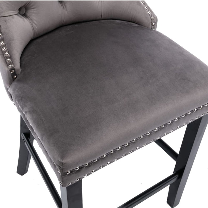 6x Velvet Bar Stools with Studs Trim Wooden Legs Tufted