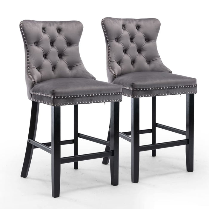 4x Velvet Bar Stools with Studs Trim Wooden Legs Tufted