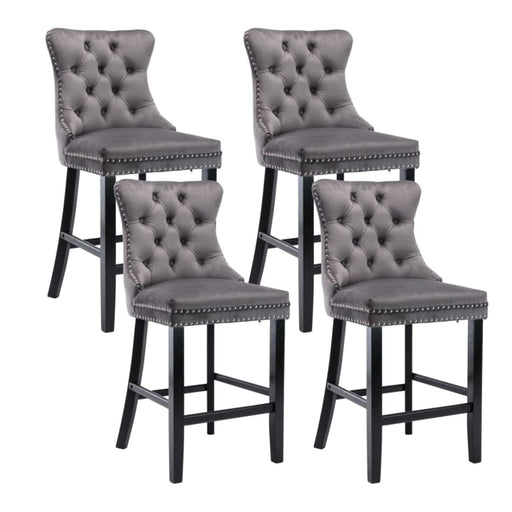4x Velvet Bar Stools with Studs Trim Wooden Legs Tufted