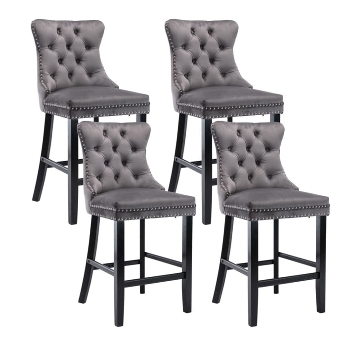 4x Velvet Bar Stools with Studs Trim Wooden Legs Tufted