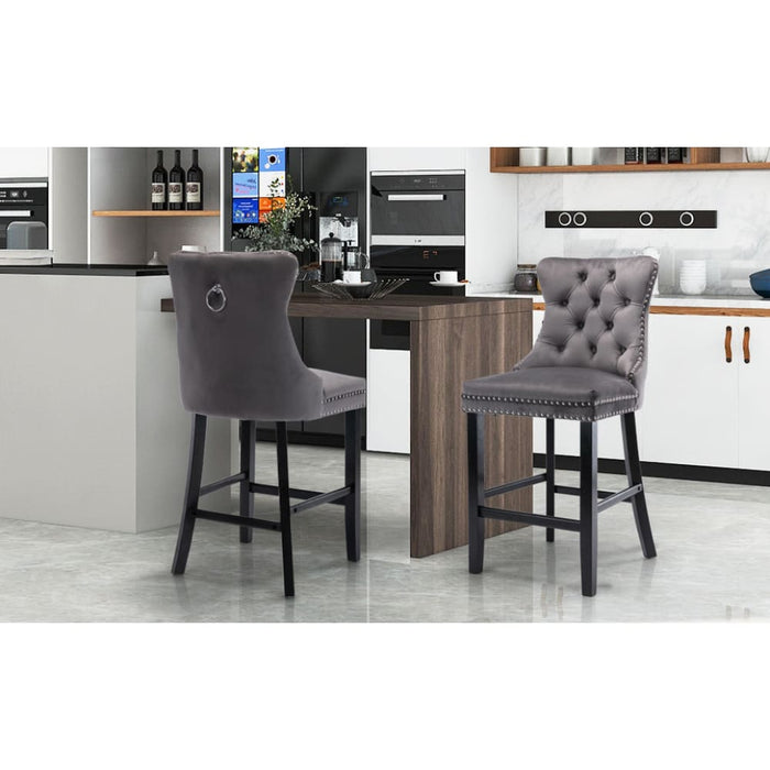 4x Velvet Bar Stools with Studs Trim Wooden Legs Tufted