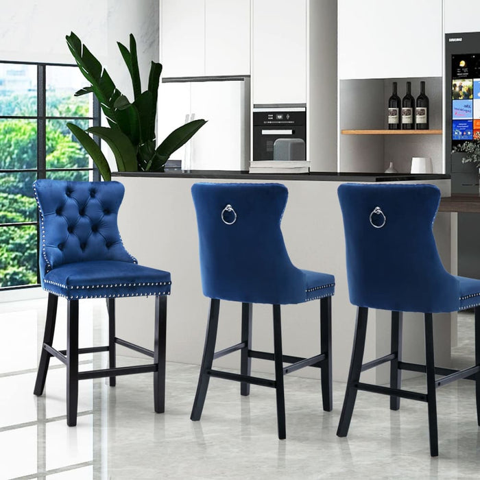 2x Velvet Bar Stools With Studs Trim Wooden Legs Tufted