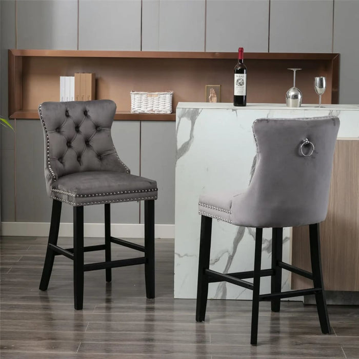 6x Velvet Bar Stools with Studs Trim Wooden Legs Tufted