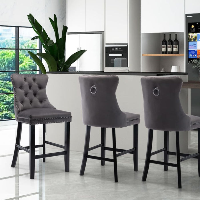 6x Velvet Bar Stools with Studs Trim Wooden Legs Tufted