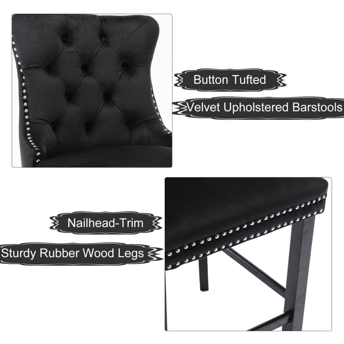 6x Velvet Bar Stools with Studs Trim Wooden Legs Tufted