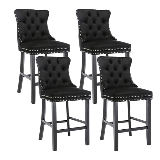 4x Velvet Bar Stools with Studs Trim Wooden Legs Tufted