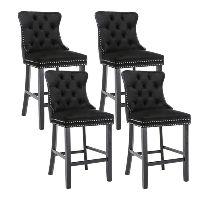 4x Velvet Bar Stools with Studs Trim Wooden Legs Tufted