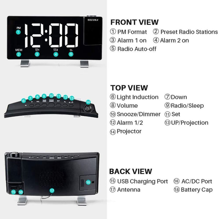 Vibe Geeks Projector Fm Radio Led Display Alarm Clock