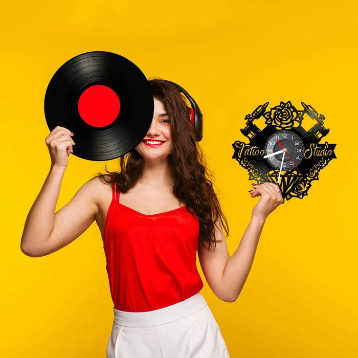 Vinyl Record Wall Clock for Tattoo Studio Decor