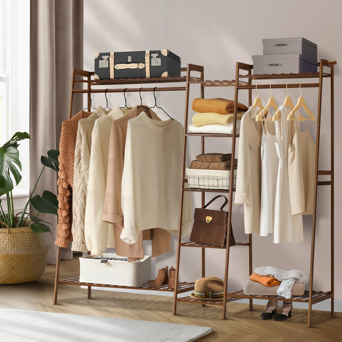 Clothes Rack Open Wardrobe Garment Coat Hanging Rail Bamboo 9 Shelves