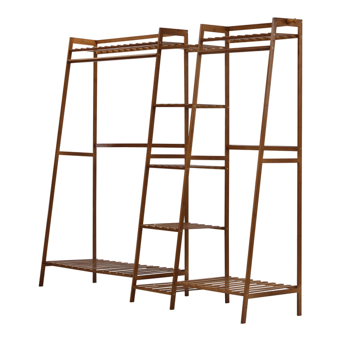Clothes Rack Open Wardrobe Garment Coat Hanging Rail Bamboo 9 Shelves