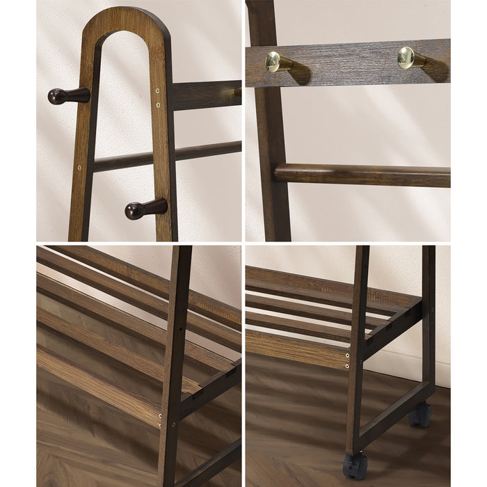 Clothes Rack Garment Coat Stand Hanging Rail Bamboo Portable Wheels