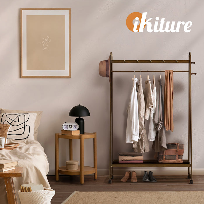 Clothes Rack Garment Coat Stand Hanging Rail Bamboo Portable Wheels