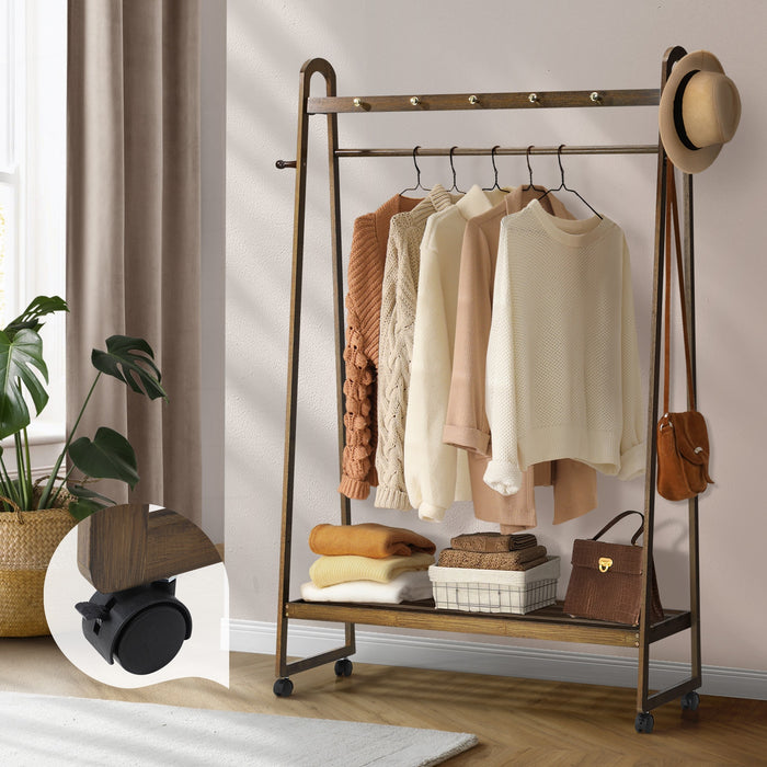 Clothes Rack Garment Coat Stand Hanging Rail Bamboo Portable Wheels