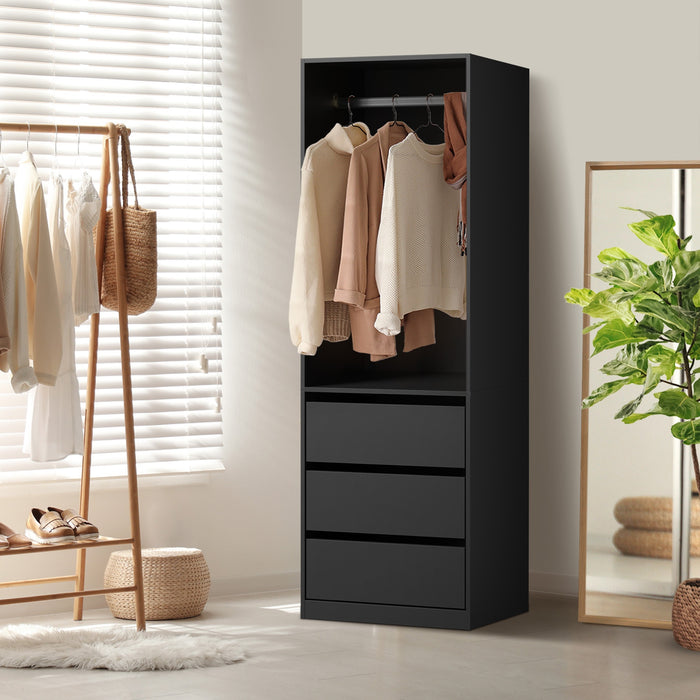 Open Wardrobe Shelf Unit Clothes Storage 3 Drawers Hanging Rail Black