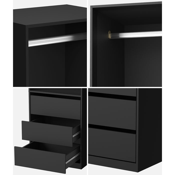 Open Wardrobe Shelf Unit Clothes Storage 3 Drawers Hanging Rail Black
