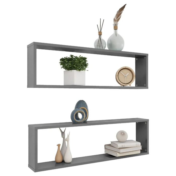 Wall Cube Shelves 2 Pcs Glossy Look Grey 100x15x30 Cm