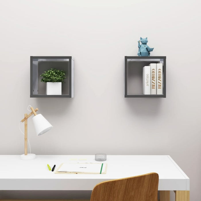 Wall Cube Shelves 2 Pcs Glossy Look Grey 30x15x30 Cm Nbibxx