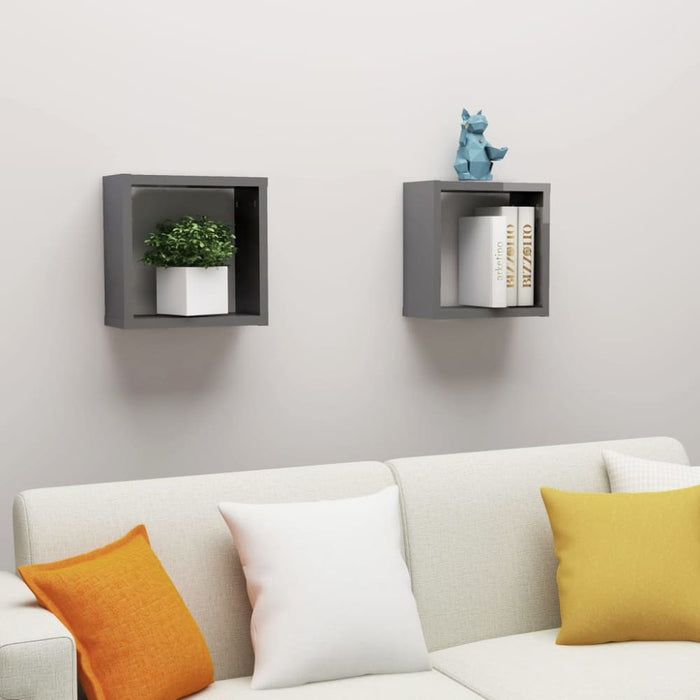 Wall Cube Shelves 2 Pcs Glossy Look Grey 30x15x30 Cm Nbibxx