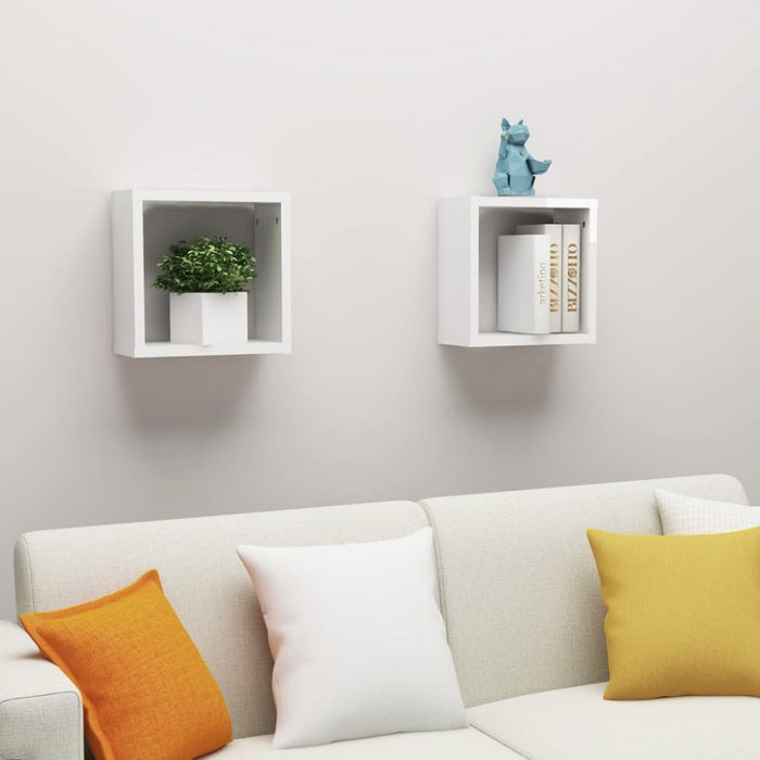 Wall Cube Shelves 2 Pcs Glossy Look White 30x15x30 Cm Nbibol