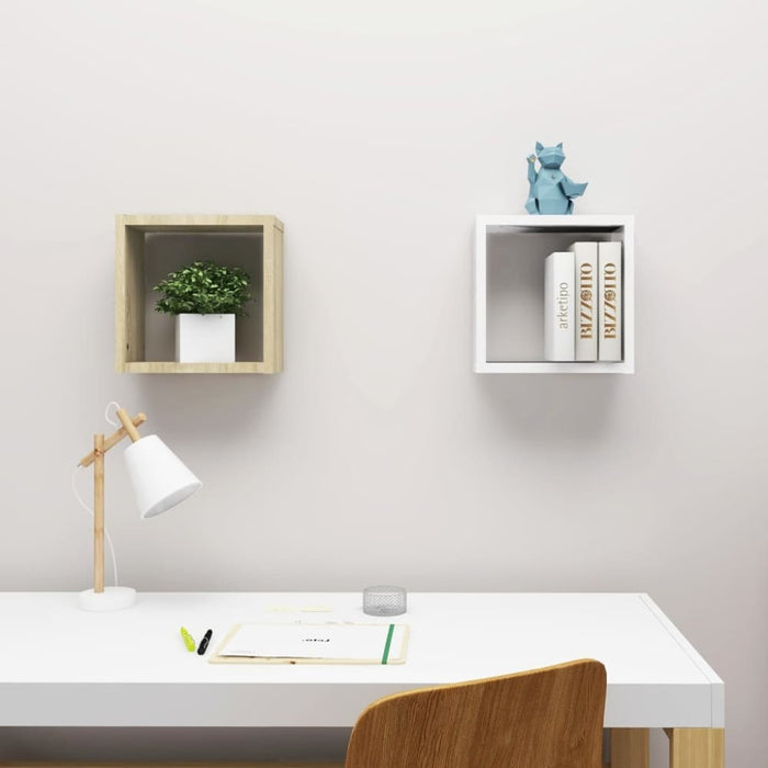 Wall Cube Shelves 2 Pcs White And Sonoma Oak 30x15x30 Cm