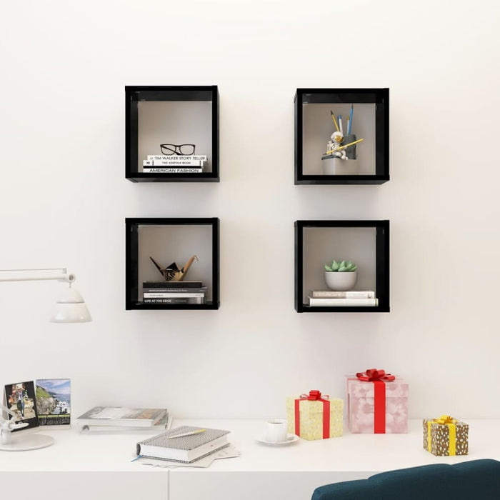 Wall Cube Shelves 4 Pcs Glossy Look Black 26x15x26 Cm Nbibai