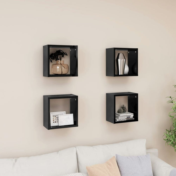 Wall Cube Shelves 4 Pcs Glossy Look Black 26x15x26 Cm Nbibai