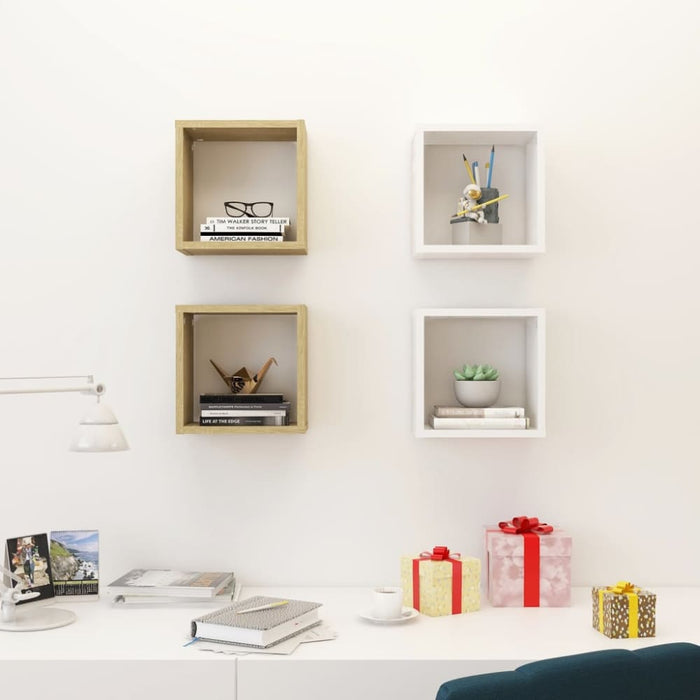 Wall Cube Shelves 4 Pcs White and Sonoma Oak 26x15x26 Cm