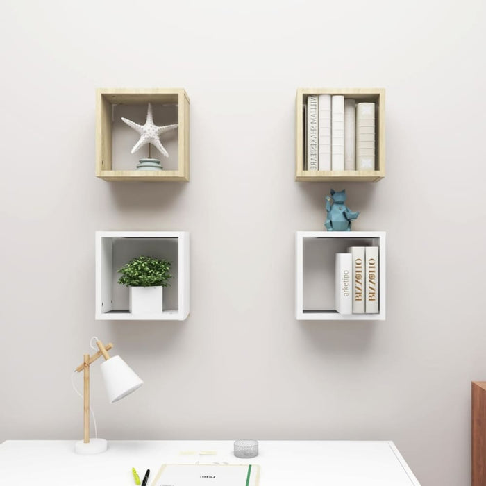 Wall Cube Shelves 4 Pcs White And Sonoma Oak 30x15x30 Cm