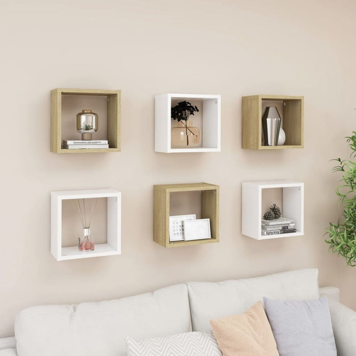 Wall Cube Shelves 6 Pcs White and Sonoma Oak 26x15x26 Cm