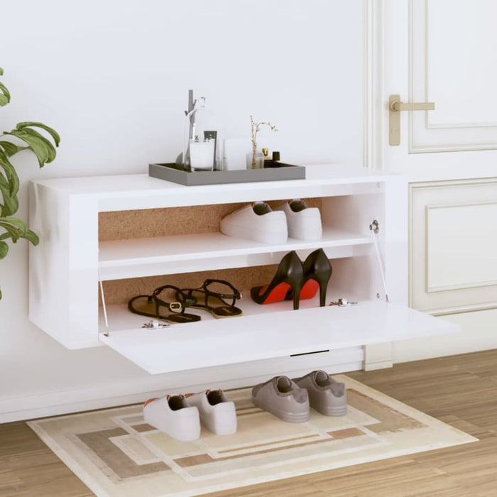 Wall Shoe Cabinet Glossy Look White 100x35x38 Cm Engineered