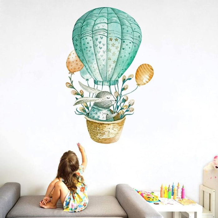 Watercolour Green Rabbit Hot Air Balloon Wall Stickers