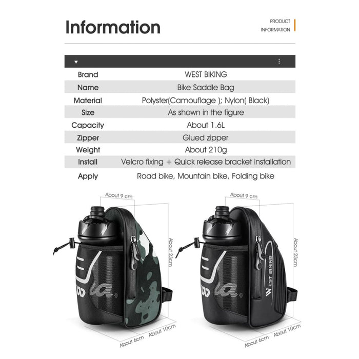 Waterproof Saddle Bag with Water Bottle Pocket