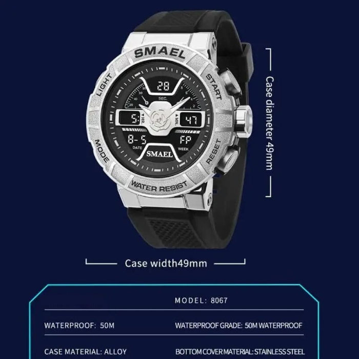 Men 50m Waterproof Sports Quartz Watch Led Back Light 8067