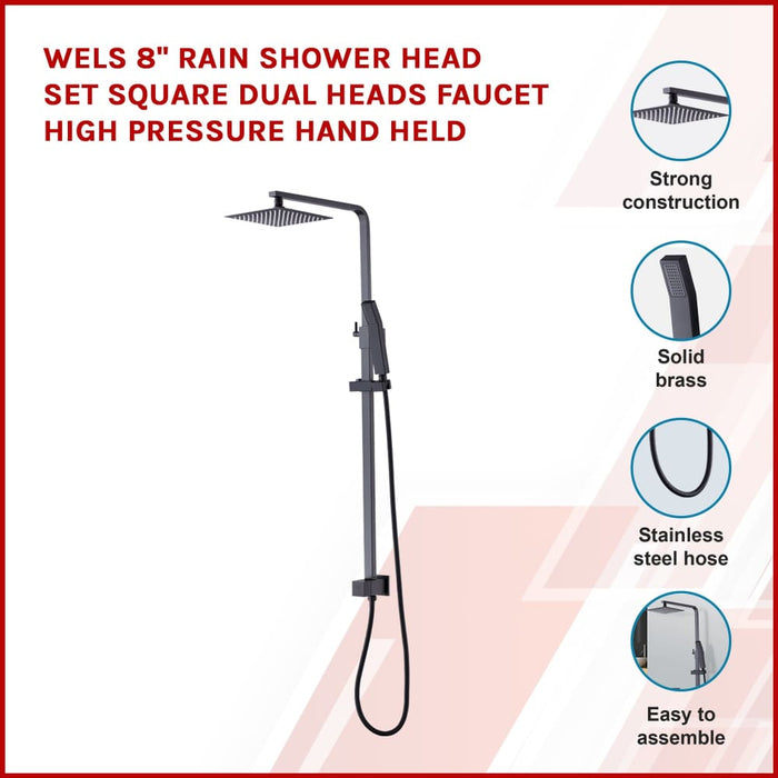 Wels 8’ Rain Shower Head Set Square Dual Heads Faucet