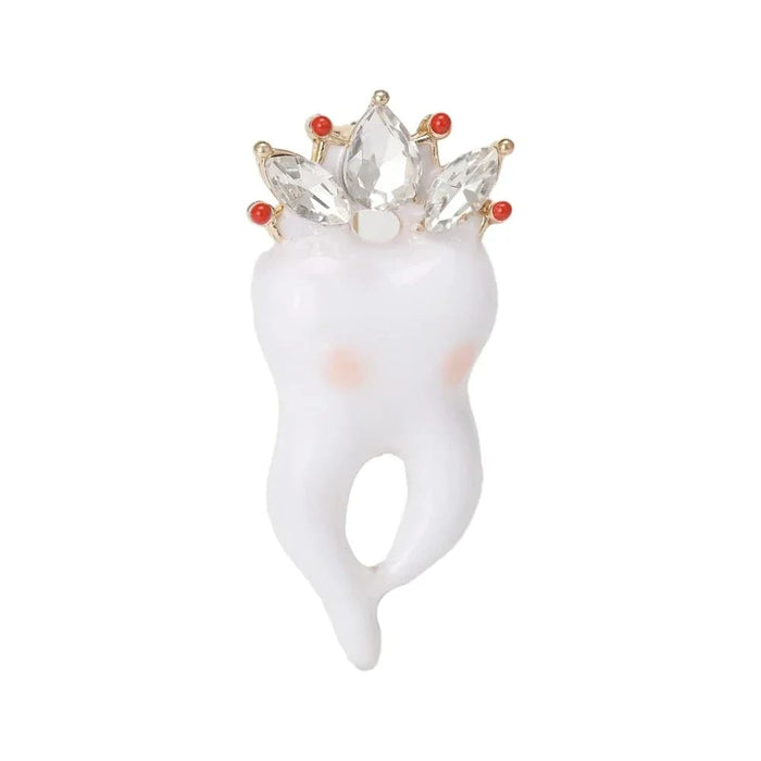 White Enamel Crown Pin Rhinestone Tooth Lapel For Clothing