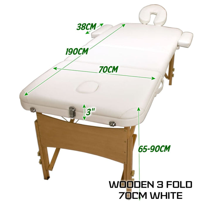 White Portable Beauty Massage Table Bed 3 Fold 70cm Wooden