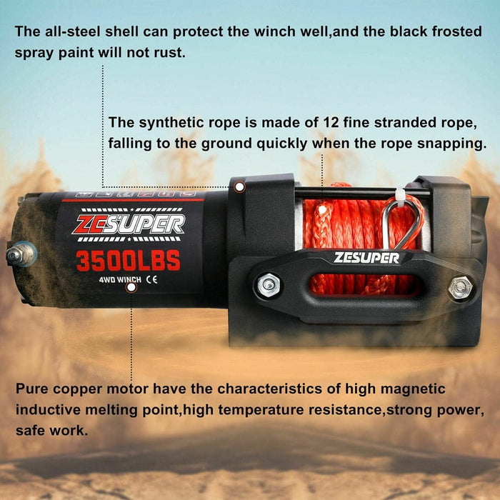 12v Winch 3500lbs Electric Atv Synthetic Rope Trailer Boat