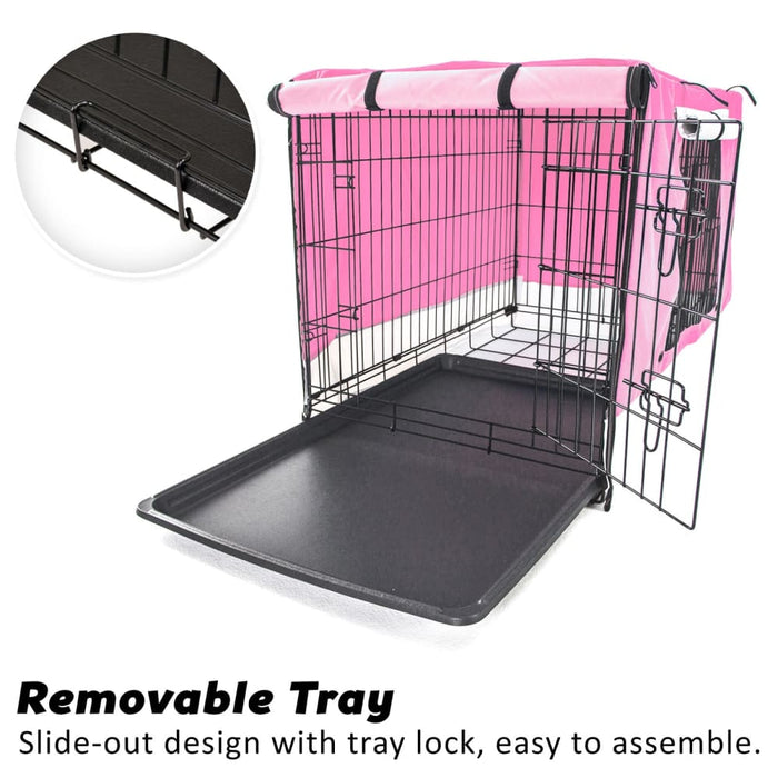 Wire Dog Cage Crate 42in with Tray + Cushion Mat + Pink