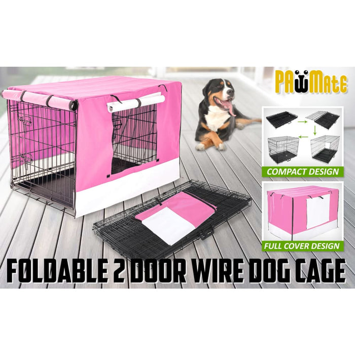 Wire Dog Cage Foldable Crate Kennel 24in With Tray Pink