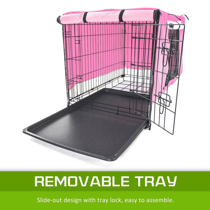 Wire Dog Cage Foldable Crate Kennel 30in with Tray + Pink