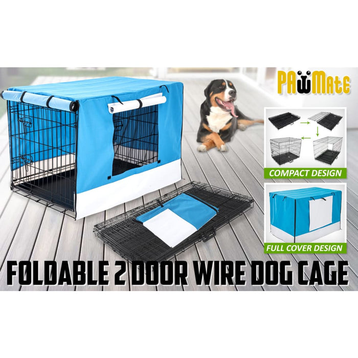 Wire Dog Cage Foldable Crate Kennel 36in With Tray Blue