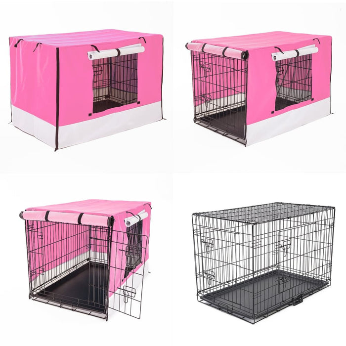 Wire Dog Cage Foldable Crate Kennel 42in with Tray + Pink
