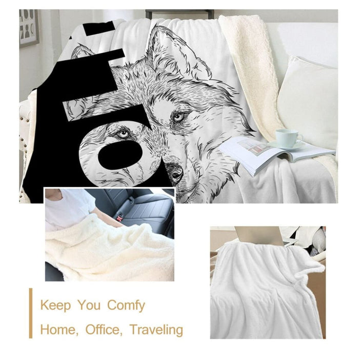 Wolf Soft Fluffy Blanket Letters Cool Throw Black White