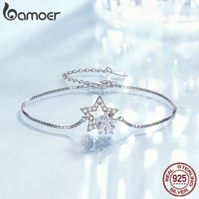 Womens 925 Sterling Silver Dazzling Star Bracelet Crystal