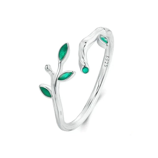 Womens 925 Sterling Silver Green Leaf Opening Ring Twig